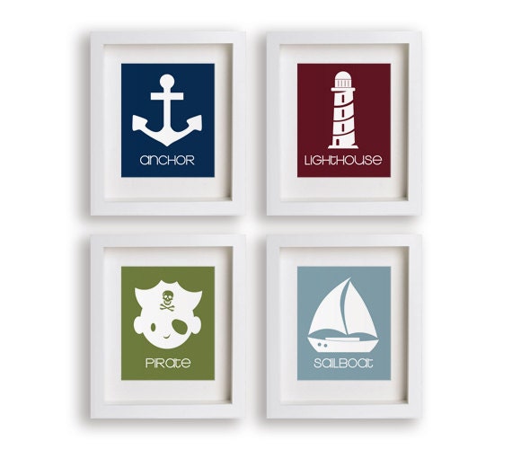 A Day At Sea - Set of Four 5x7 Nautical Nursery Prints - Nursery Art, Kids Decor, Modern Nursery Art, Playroom Wall Art, Childrens Art