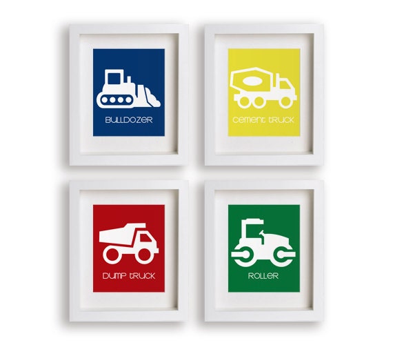 Construction Site Set of Four 5x7 Truck Prints - Nursery Decor, Room Decor, Boys Room, Nursery Art, Children's Wall Art, Playroom Decor