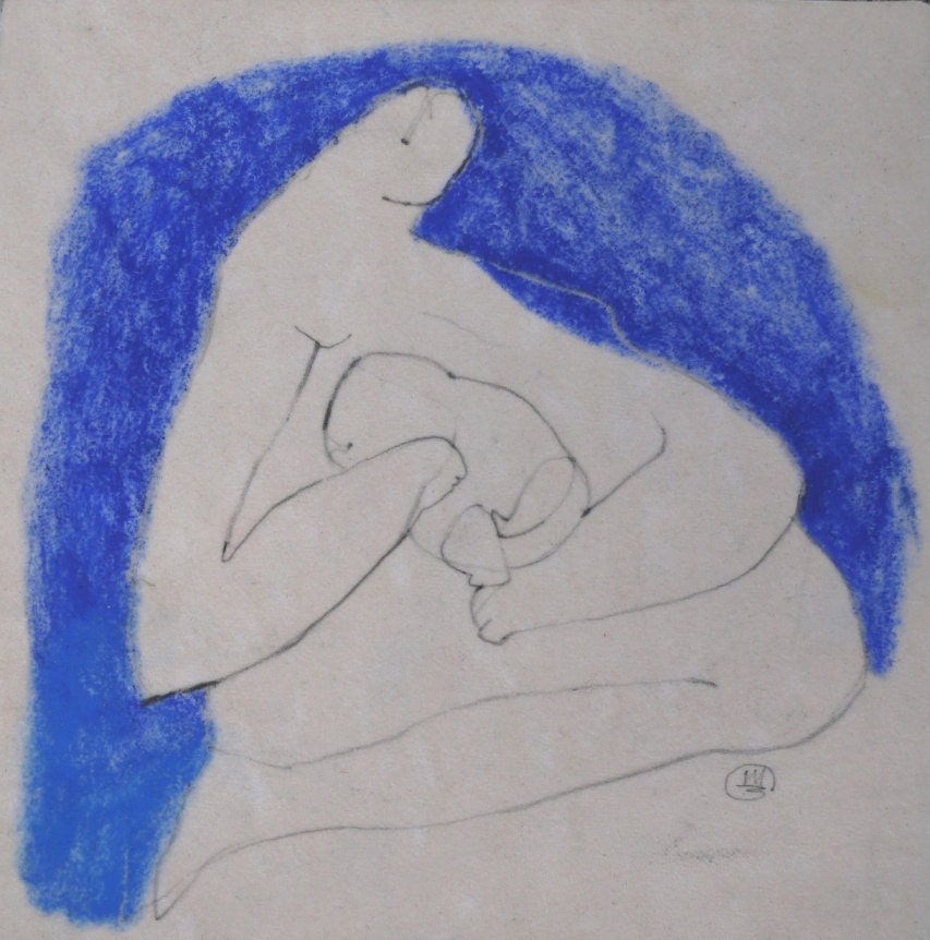 Mother and Child ART - ORIGINAL ABSTRACT Drawing - Figurative art - blue and white art , mom and baby , new mom gift