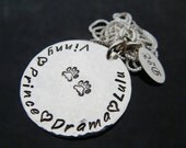 SALE Pet Lover D2E personalized engraved hand stamped sterling silver hammered disc necklace with paw prints