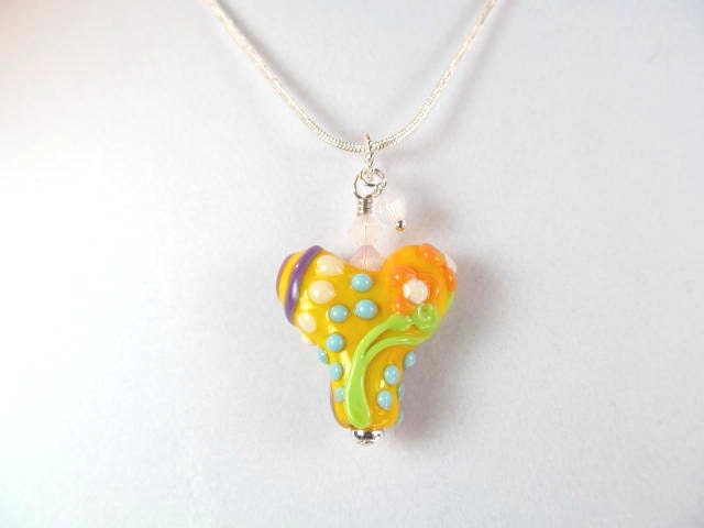 Necklace heart lampwork in orange multi, crystals, bead by Desert Bug Lampwork
