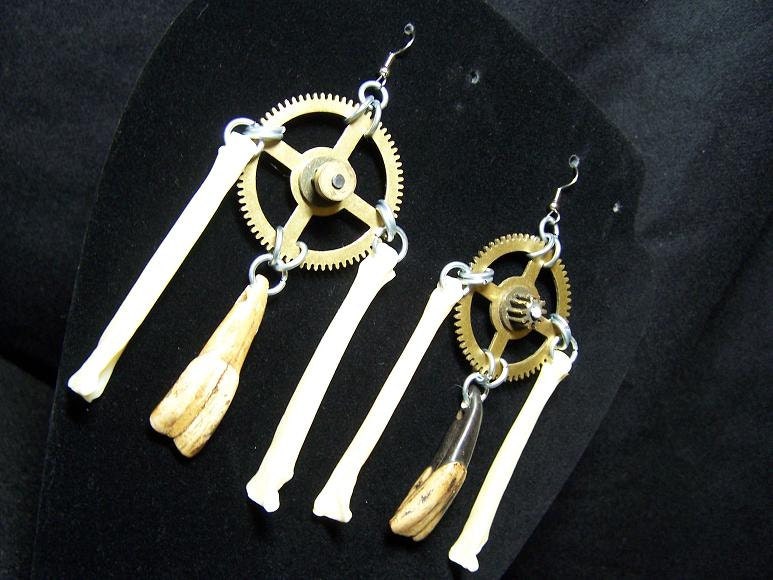 clock gears, coyote bone, buffalo teeth earrings