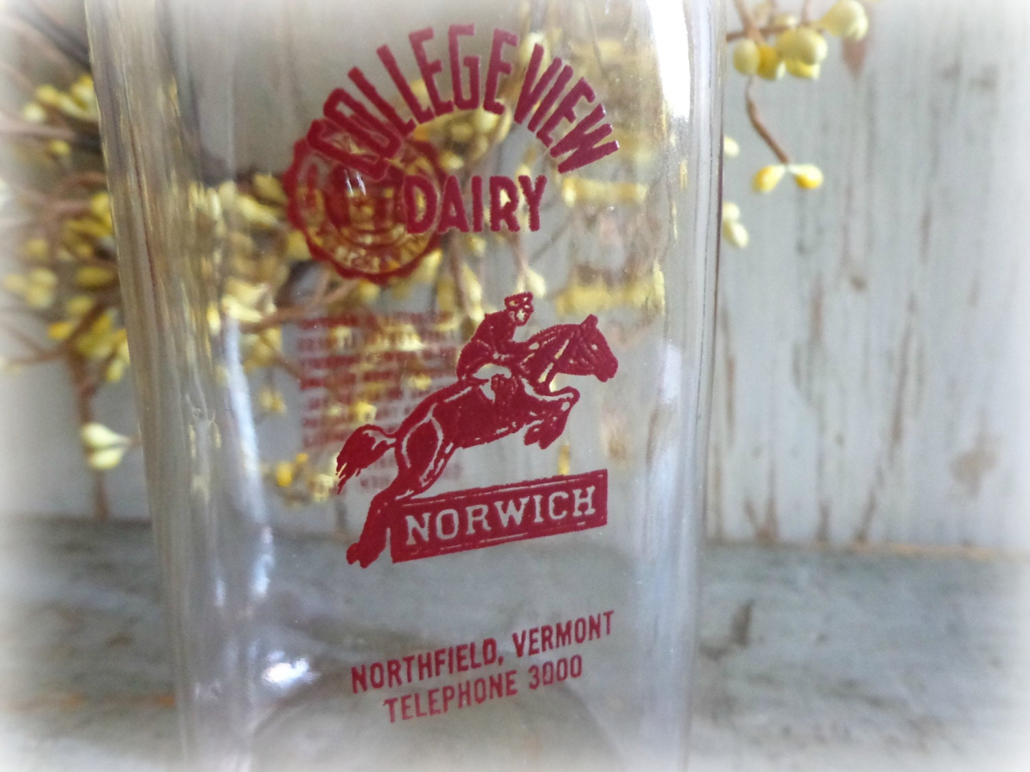 RARE vintage collegeview dairy milk bottle / norwich university / mid century pyro pint vase jar/ EPSTeam