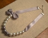 SALE - Sabrina: Beautiful Bride or Bridesmaid Pearl Necklace - White/Gray Pearls and Gray Ribbon - Clasp Closure