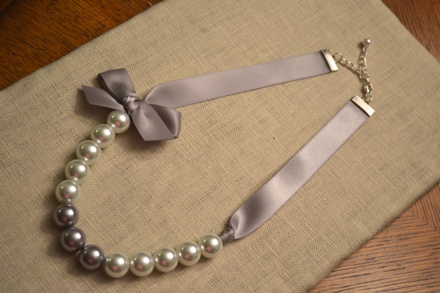 SALE - Sabrina: Beautiful Bride or Bridesmaid Pearl Necklace - White/Gray Pearls and Gray Ribbon - Clasp Closure