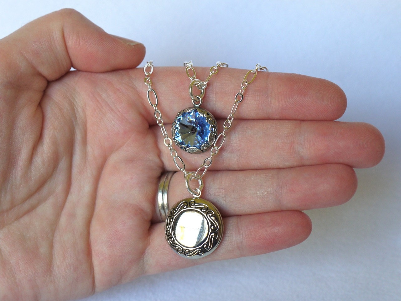 Locket & Sapphire Blue Crystal Double Necklace
