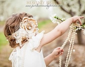 Gorgeous Cream,  Ivory and Tan Gold Handmade Flower Headband or clip with Pearls, Silk Bow, Handrolled Silk Rosettes, Lace, Crystals,