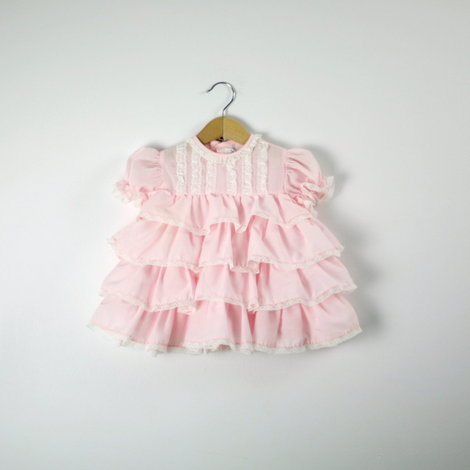Vintage Baby Dress in Pastel Pink with Tiers of Ruffles and Lace
