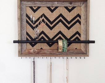 11x14 Barn Wood Jewelry Organizer (horizontal) w/ Chevron Burlap
