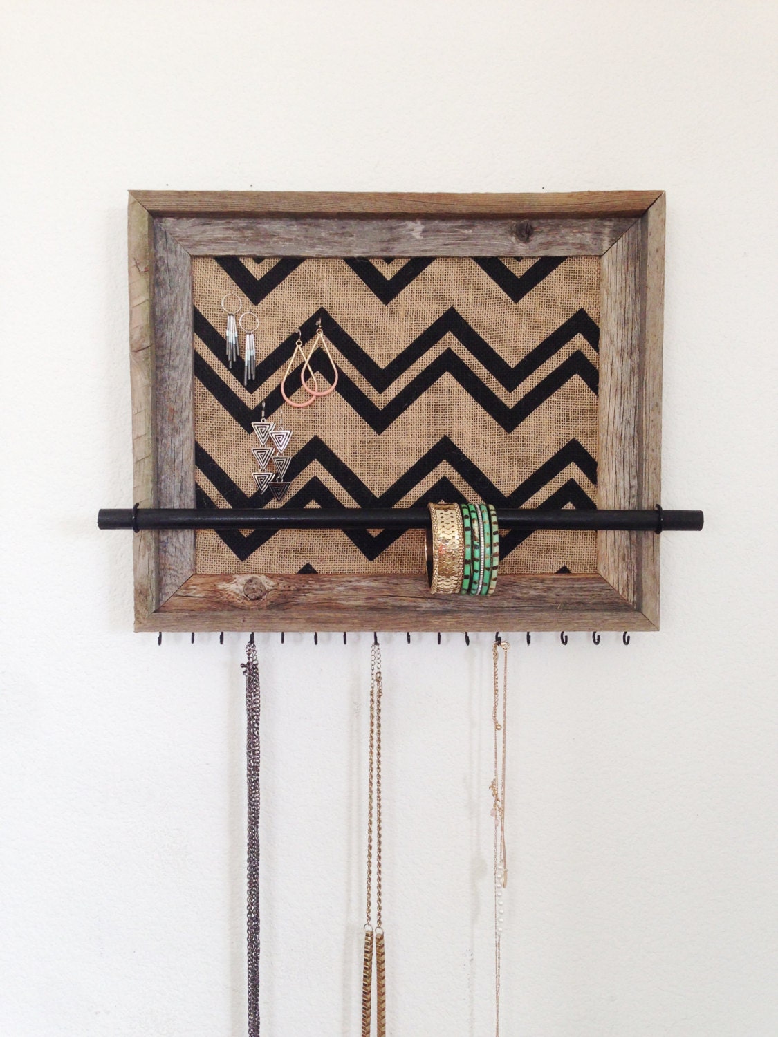11x14 Barn Wood Jewelry Organizer (horizontal) w/ Chevron Burlap