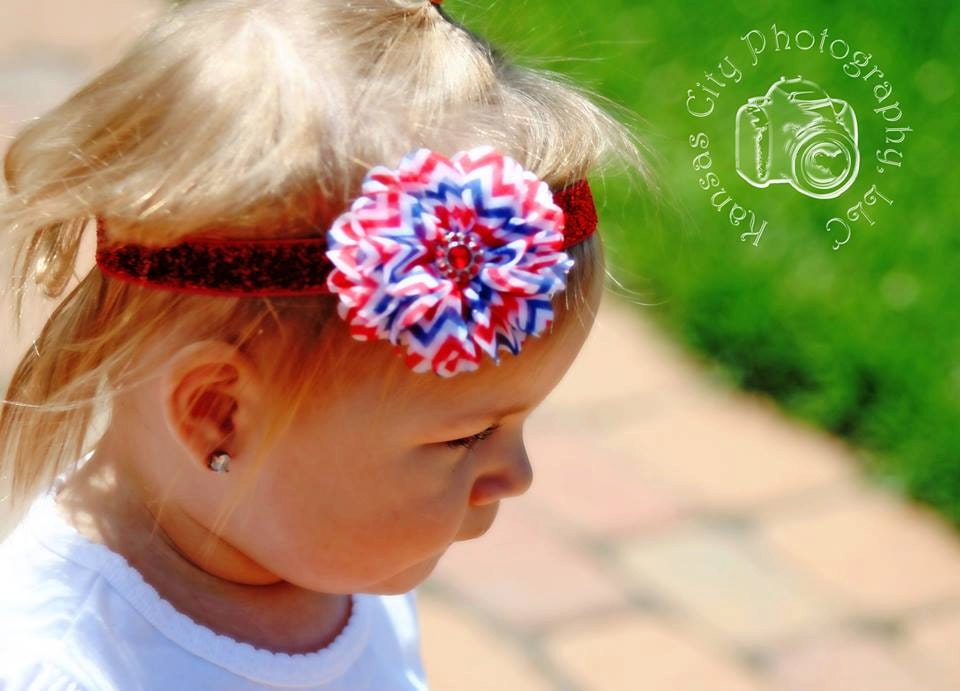 4th of July Red White and Blue Chevron Flower Rosette Headband with Red Rhinestone and Glitter Elastic Band