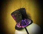 Burlesque, Gothic, Steampunk, Victorian, Showgirl, Mad Hatter, Purple Mini Top Hat, Taffeta / headband, black feather