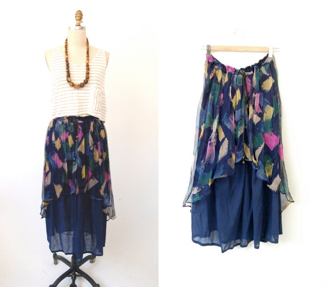 Vintage 80's layered HIGH LOW gypsy skirt / boho sheer chiffon graphic splatter paint / open size