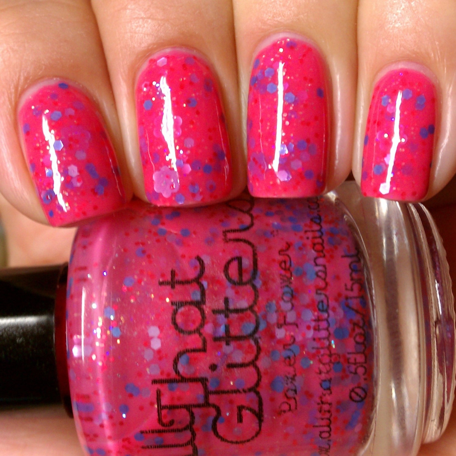 Power Flower - pink creme with lavender flowers, periwinkle, pink and iridescent glitter nail polish