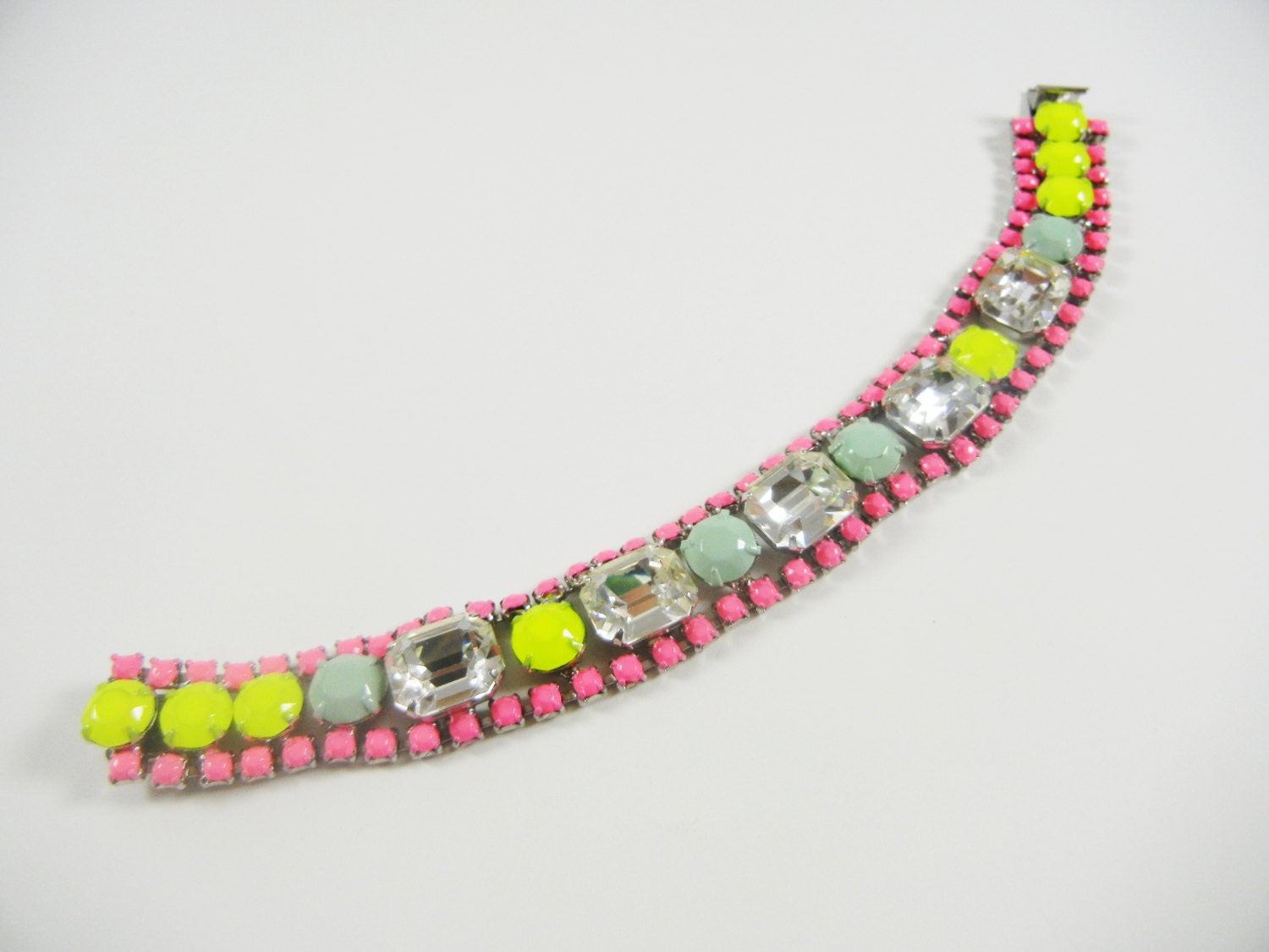 The Ellie Bracelet - One Of A Kind - Vintage Neon Yellow and White Hand Painted Rhinestone Bracelet
