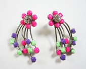 One Of A Kind - Vintage 1950s Hand Painted Neon Pink Mint and Purple Rhinestone Earrings - by Love Obsessed