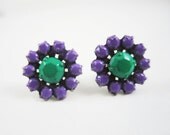 One Of A Kind - Vintage 1950s Hand Painted Purple & Green Hand Painted Rhinestone Earrings - by Love Obsessed