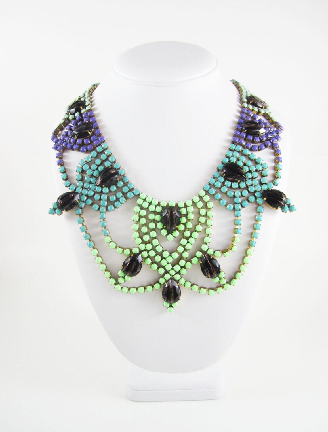 The Jasmine Necklace-Vintage 1950s Hand Painted Blue Ombre Bib Necklace - One Of  A Kind