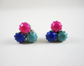 The Cece Earrings- One Of A Kind -  Hand Painted Fucshia Turquoise Sapphire Rhinestone Earrings - by Love Obsessed