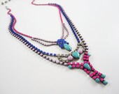 The Anna Necklace - OOAK - Vintage 1950s Layered 3 Strand Rhinestone Bib Necklace - Fuschia Sapphire Turquoise