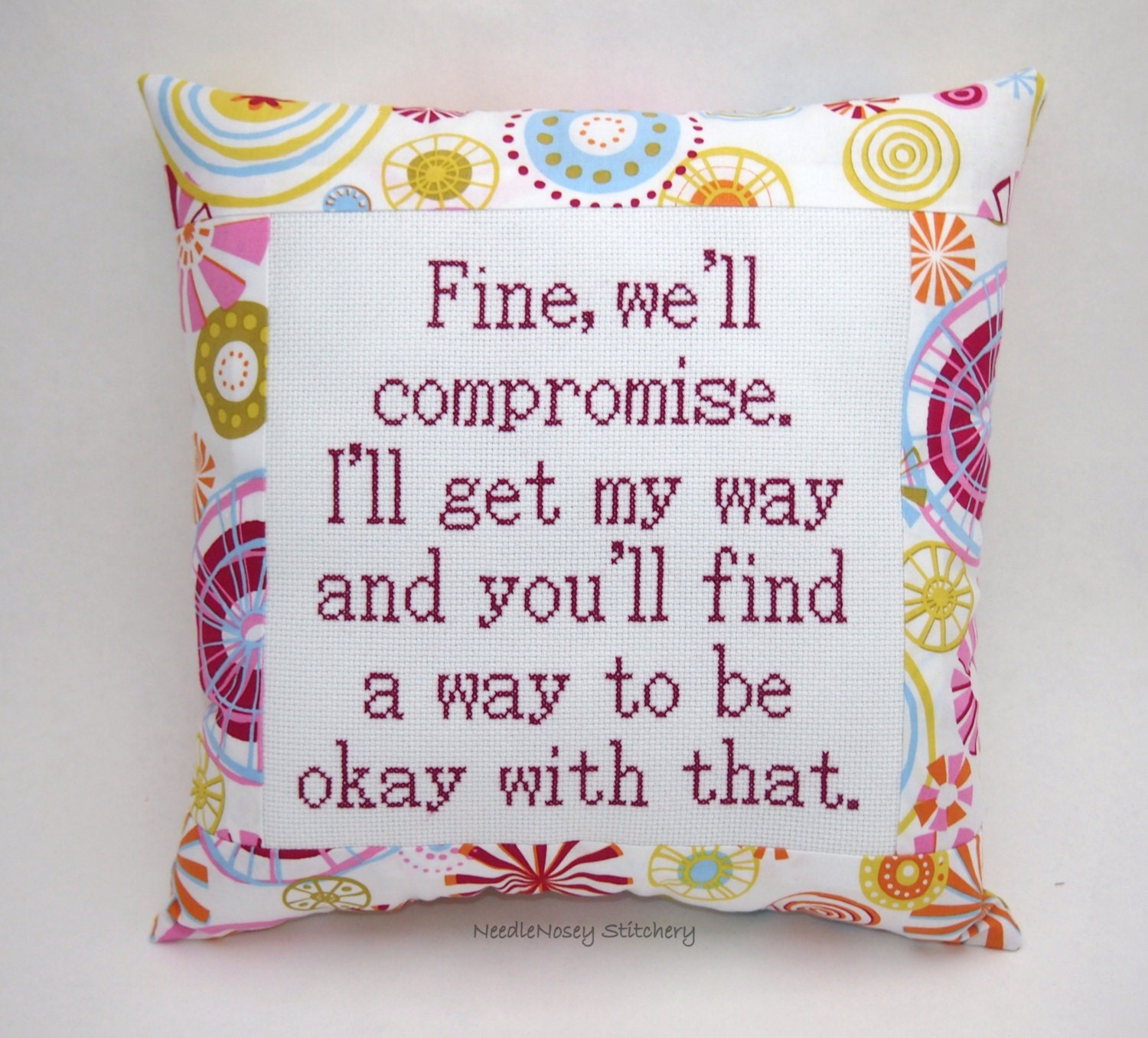 Funny Cross Stitch Pillow, Pink And Orange Pillow, Stubborn Quote