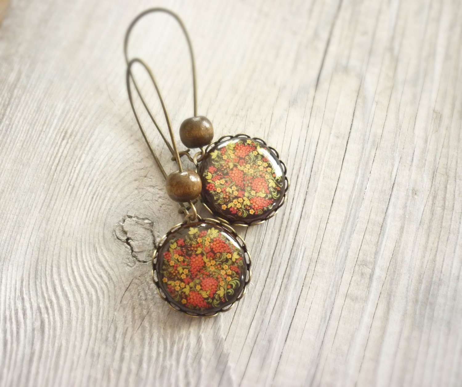 SALE Floral print earrings, long dangle earrings, floral ornament earrings