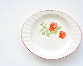 Vintage 1940s Orange Red Rose Serving Platter with Ribbed Edging and Red Rim, Bright Kitchen Decor, Shabby Chic Cottage, Spring Floral