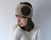 Crochet Earwarmer, Crochet Headband, Flower Motif Earwarmer, Crochet Flower Headband in Oatmeal Tweed and Brown / The Marlowe Earwarmer