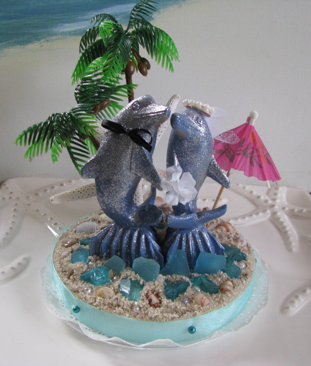 Dolphin Beach Wedding Cake Topper-Palm Tree Beach Wedding Cake Topper