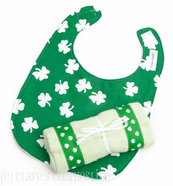 St. Patrick's Day Bib and Burp Cloth Set - Green and White Shamrocks - Free US Shipping