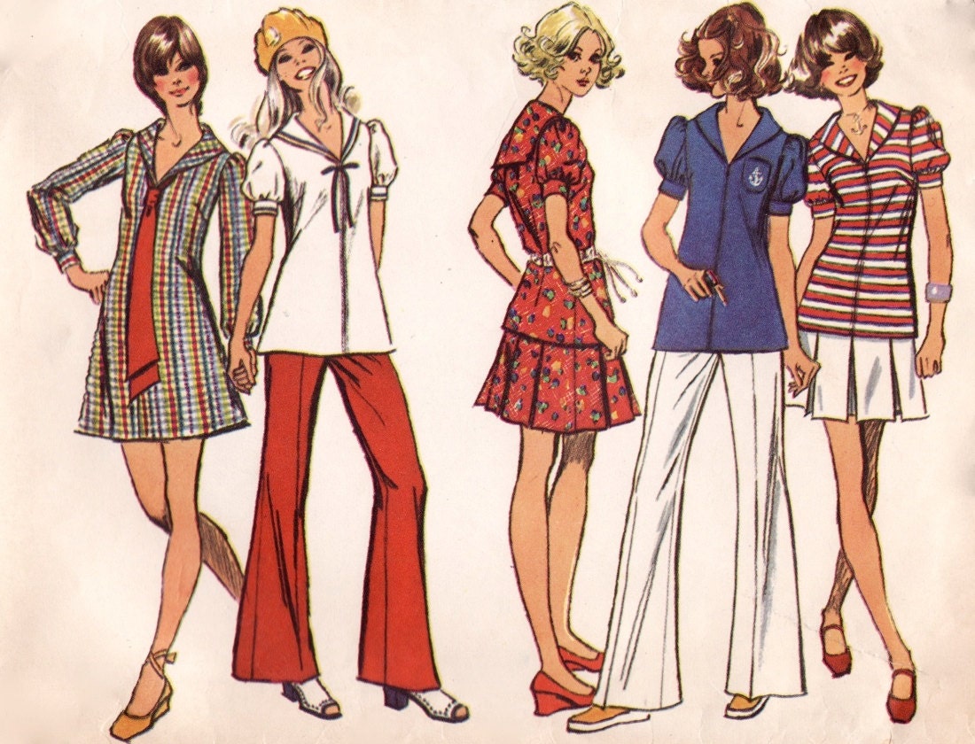 Vintage Sewing Pattern - Mod Sailor Suit Ensemble, Top, Bellbottom Pants, Pleated Mini Skirt, & Mini Dress - 1971 Simplicity 9833 Bust 32.5