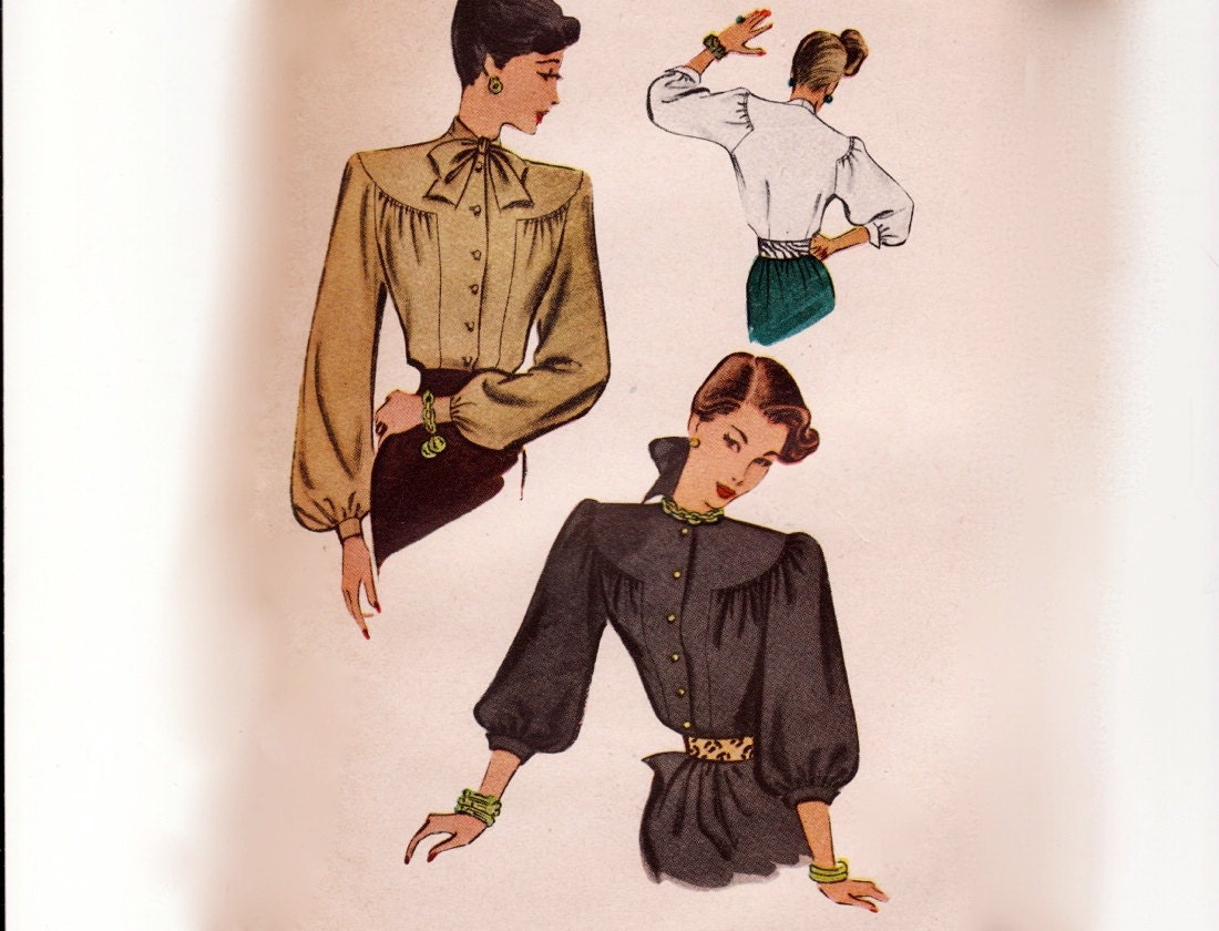 Vintage 40s Sewing Pattern - Bishop Sleeve Blouse with Front Gathers & Round Yoke, Unusual Construction - 1946 McCall 6716, Bust 30, Uncut