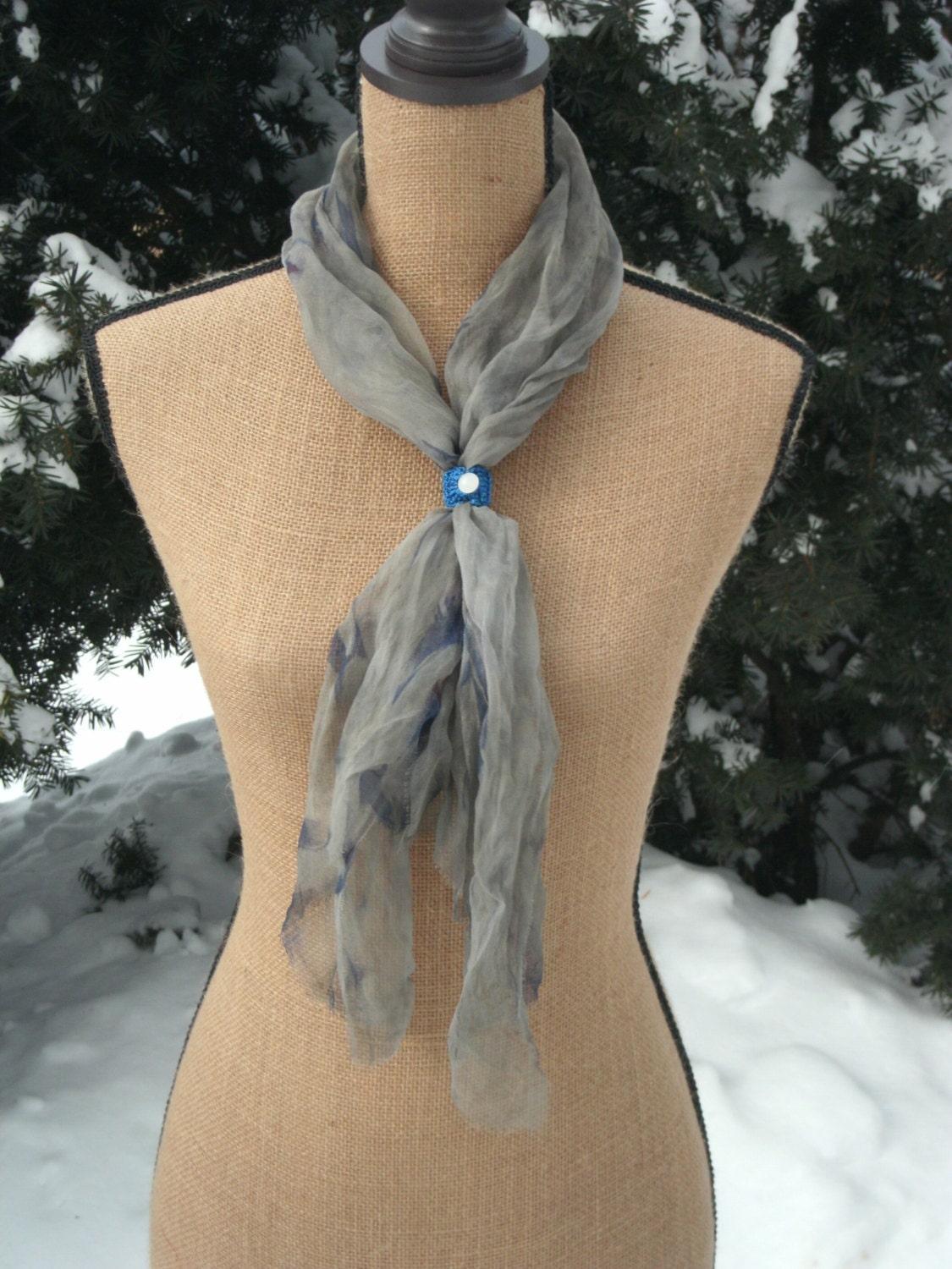 Shibori dyed silk scarf, eco-dye, gray blue, silk, chiffon, silk paint, Spring, accessory, gift, scarf, Summer