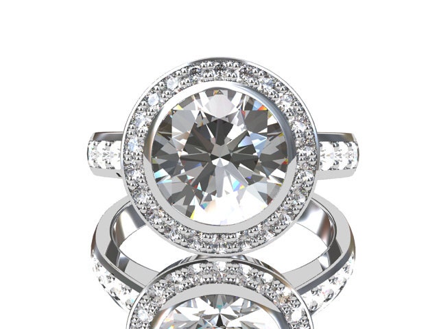 White sapphire ring, Diamond ring, Halo ring, enagagement ring, sapphire engagement, bezel, pave, diamond halo