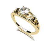 White sapphire ring, engagement ring, lace engagement, sapphire engagement, vintage style, solitaire, unique, wedding ring, yellow gold ring