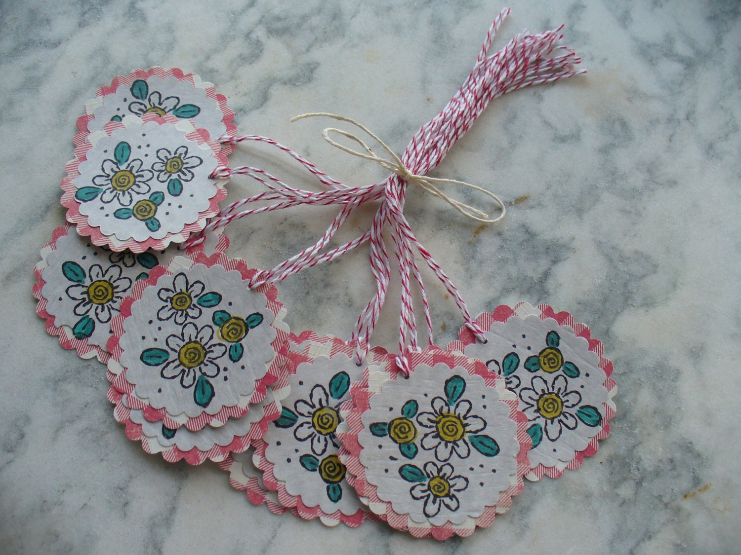 Party Flowers Hang Tags - Set of 12 -  Birthday Gift Tags, Picnic and Party Favor Tags, Weddings Gift Bag tags, Round Scalloped Tags