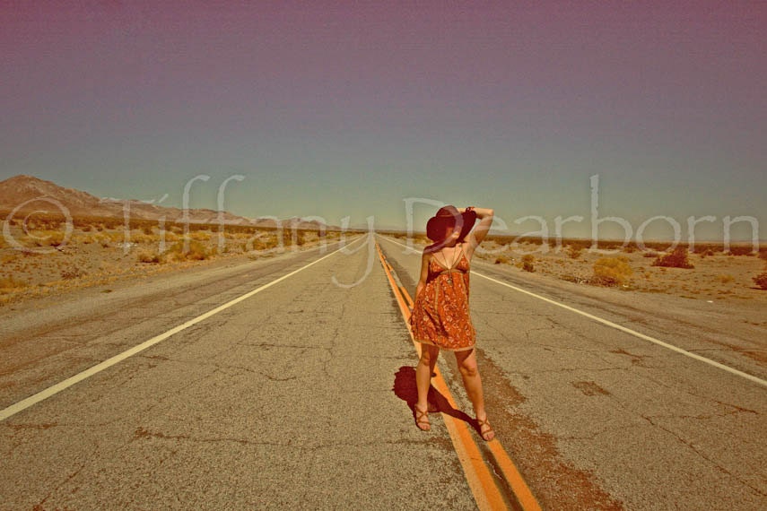 Queen of the Highway - Route 66 -  California - Mother Road - desert - hitchhiker pin up  fashion landscape self portrait - 8x10 matte print