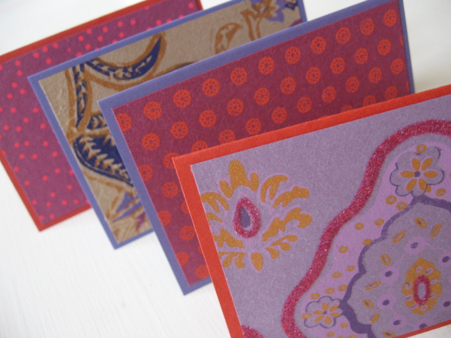 Indian Print Plum & Cayenne, Boho Paisley, All Occasion Set of 4 Blank Note Cards
