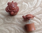 Fake Gauge Plugs, "Sea Turtles" Naturally Organic, Saba Wood, Hand Carved, Tribal