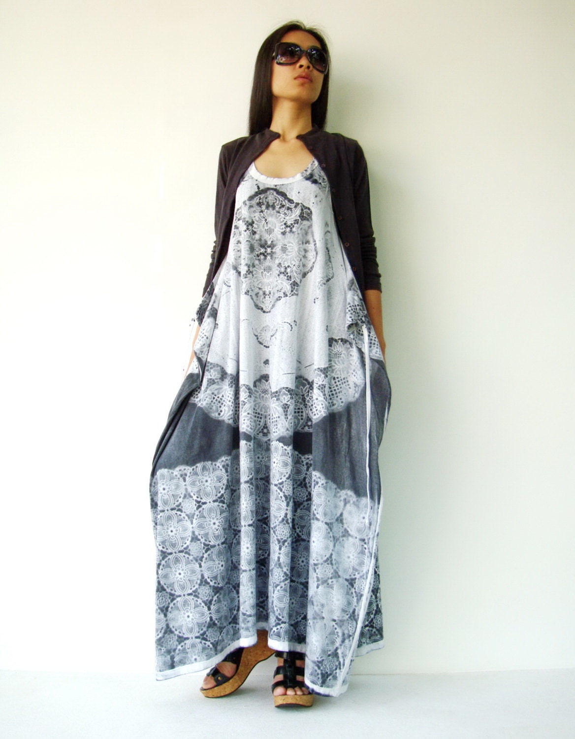 NO.108     Grey and Off-White Cotton Jersey Low Neck Lace Printed Racerback Sleeveless Dress
