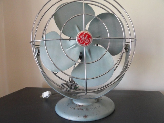 GE Fan, Silver Blue Metal, Table top, Electric, Tilt, 12", Vintage