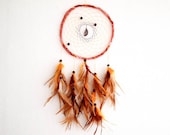 Dream Catcher - Great Many Dreams - With Wooden Moon Amulet and Natural Brown Feathers - Home Decor, Mobile