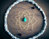 Dream Catcher - Stellar Sky  - With Turquoise Gemstone, Blue and Turquoise Feathers, Blue and Yellow Nett - Home Decor, Mobile