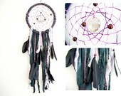 Dream Catcher - Dark Purple Dreams - With Round Crystal Prism, Natural Black Feathers, Lace and Textiles - Home Decor, Mobile