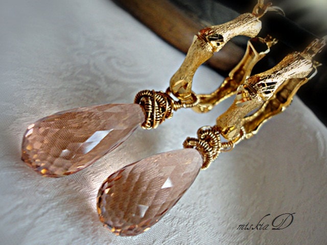 Morganite Dangle Earrings, Pink Briolette Earrings, Gold Filled Earrings, Interchangable Gemstone Drop Earrings, Faceted Gemstone Earrings