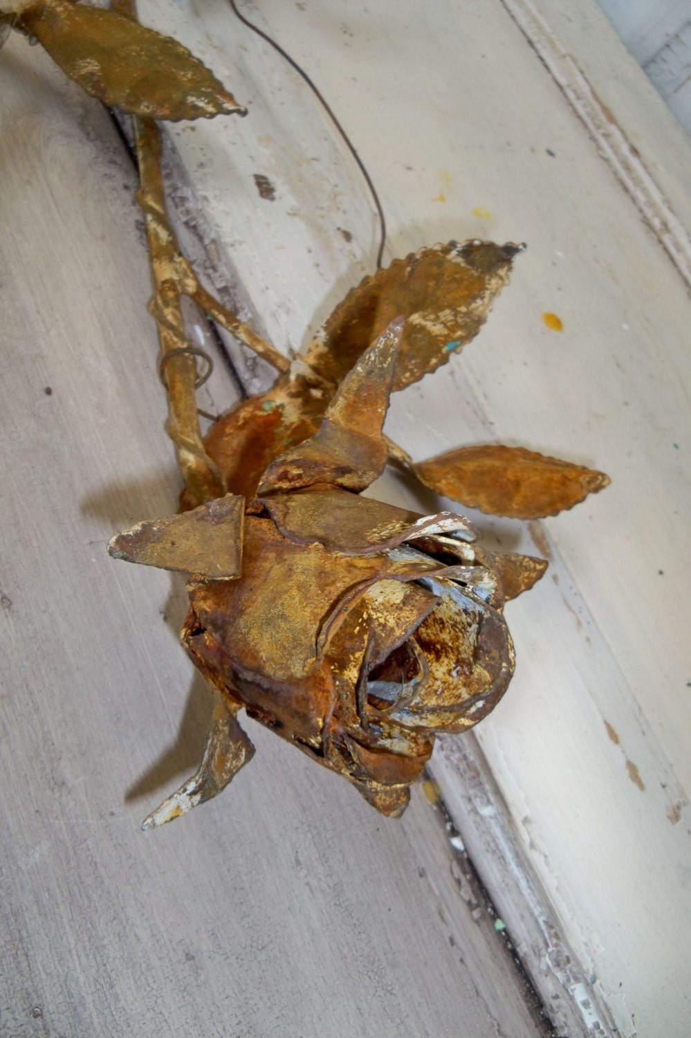 Rose metal sculpture long stem rusty romantic industrial farmhouse distressed wall decor Anita Spero