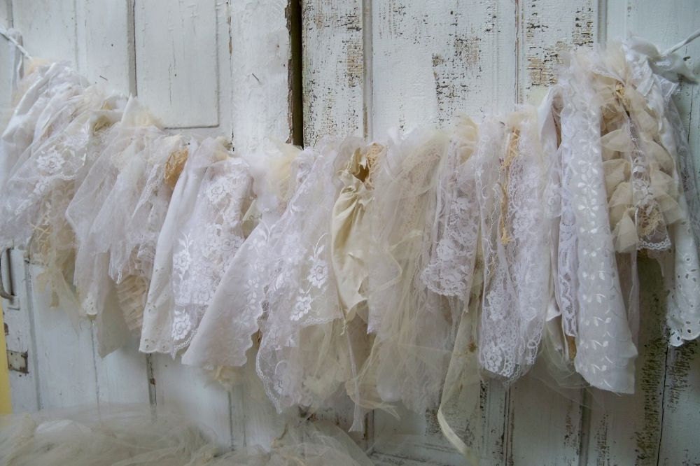 White fabric garland shabby chic cream and vanilla tattered lace crochet very full wall decor handmade Anita Spero
