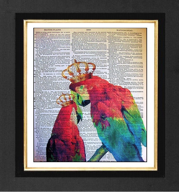 Parrot Print " Color of Love "  ORIGINAL ARTWORK Mixed Media art print on 8x10 Vintage Dictionary page, Dictionary art, Dictionary print