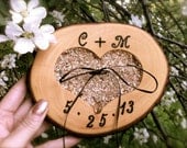 Rustic wedding ring bearer pillow holder wooden heart country fall