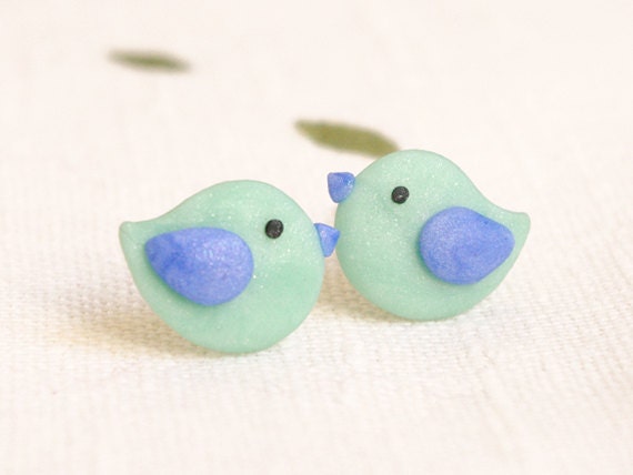 Tiny Mint Green Birds Earrings Studs - Bird Jewelry - Bird Earrings - Valentines Day Gift